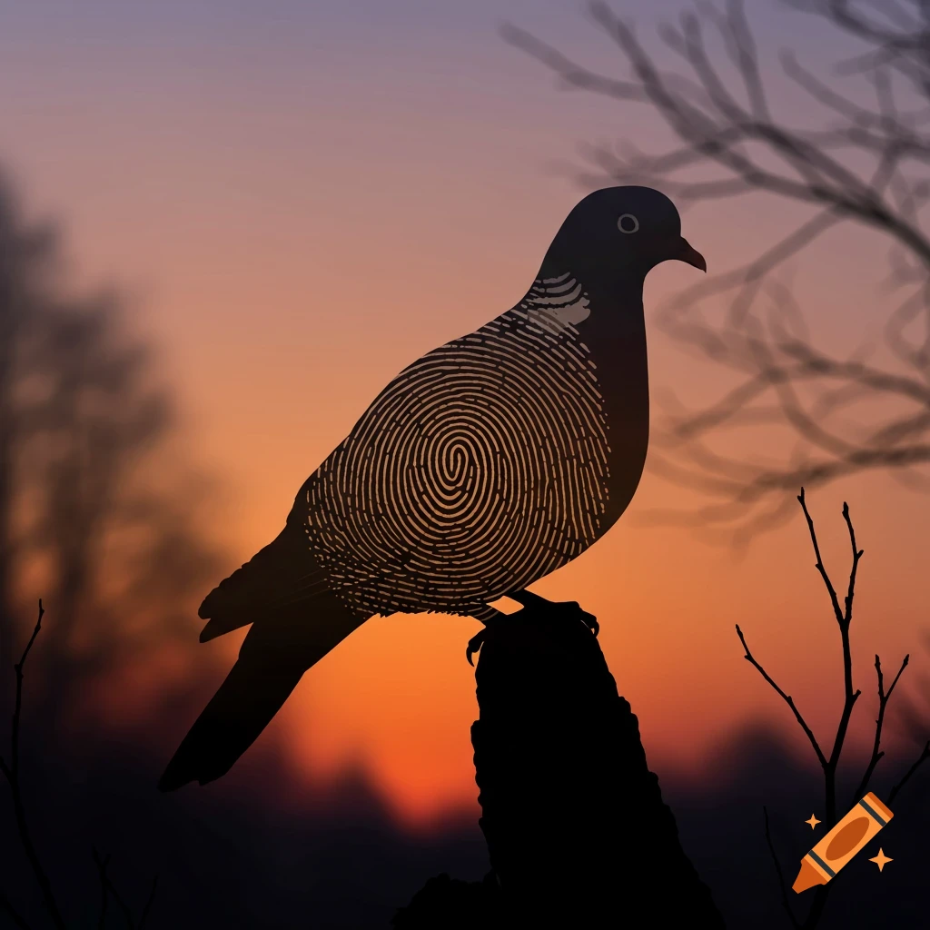 A silhouette of a wood pigeon with a fingerprint pattern on its body, perched on a branch against a vibrant sunset.