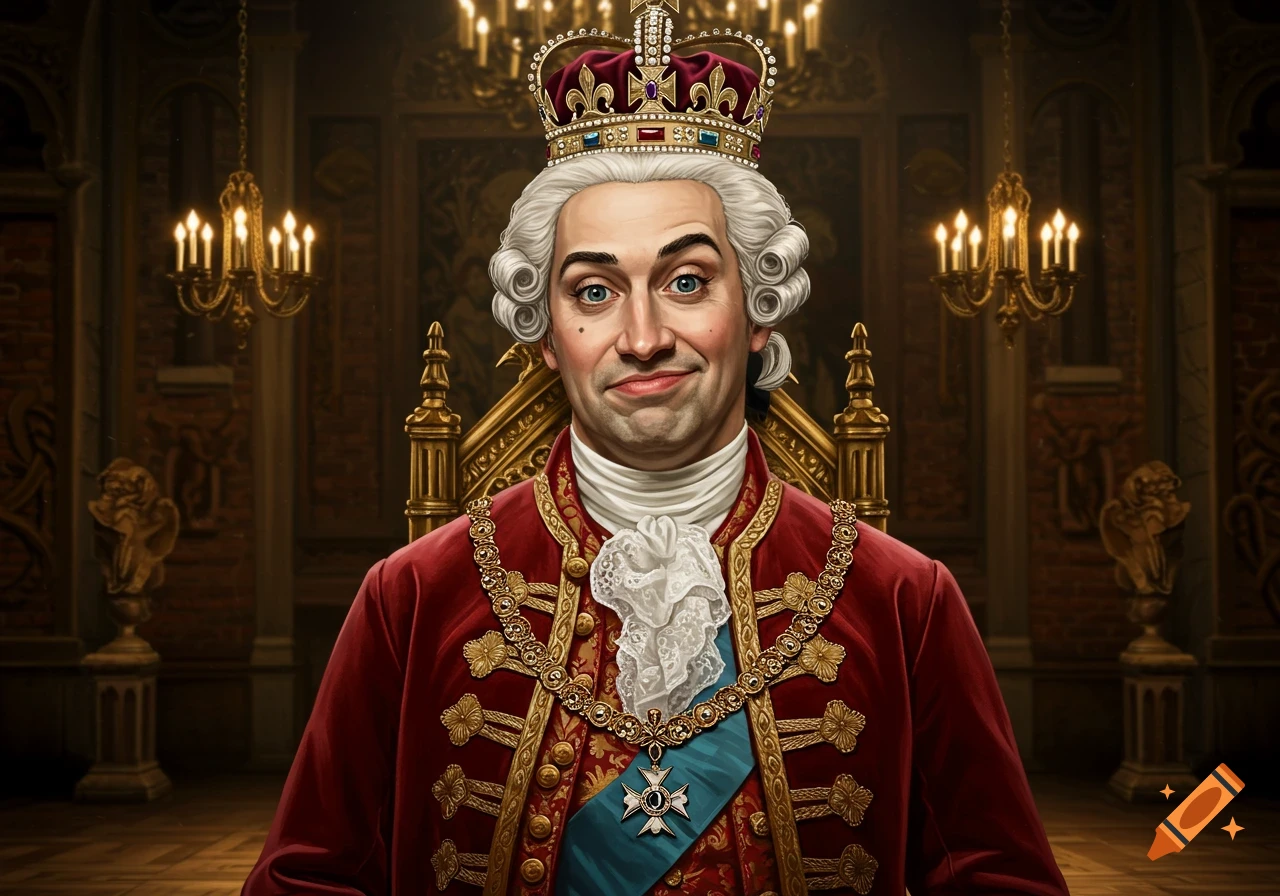 A man in a white wig, crown, and red royal robes sits on a golden throne in a regal hall, looking smugly at the viewer.