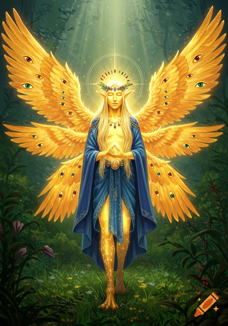 A glowing, androgynous entity with long blonde hair, pointed ears, and cloven hooves, wearing blue robes. It has large golden wings covered in many eyes, standing in a lush, green forest.