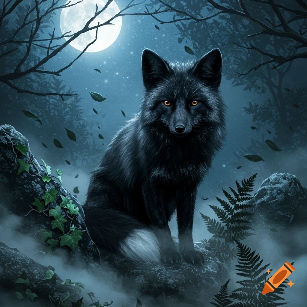 A black fox with glowing orange eyes sits on a mossy rock in a dark, misty forest under a bright full moon.