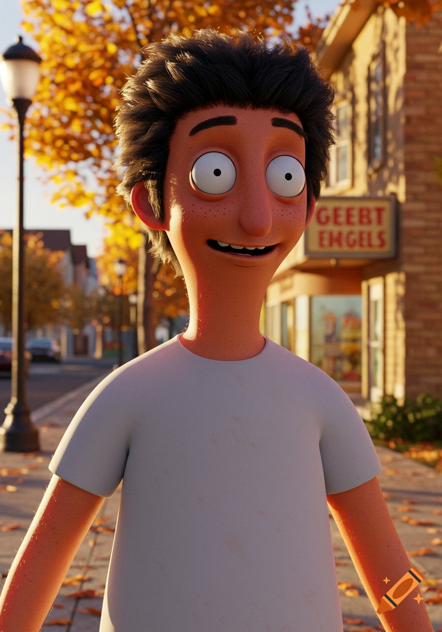 3D render of Zeke from Bob's Burgers, with dark hair, wide eyes, and a white t-shirt, on an autumn street with fall foliage.