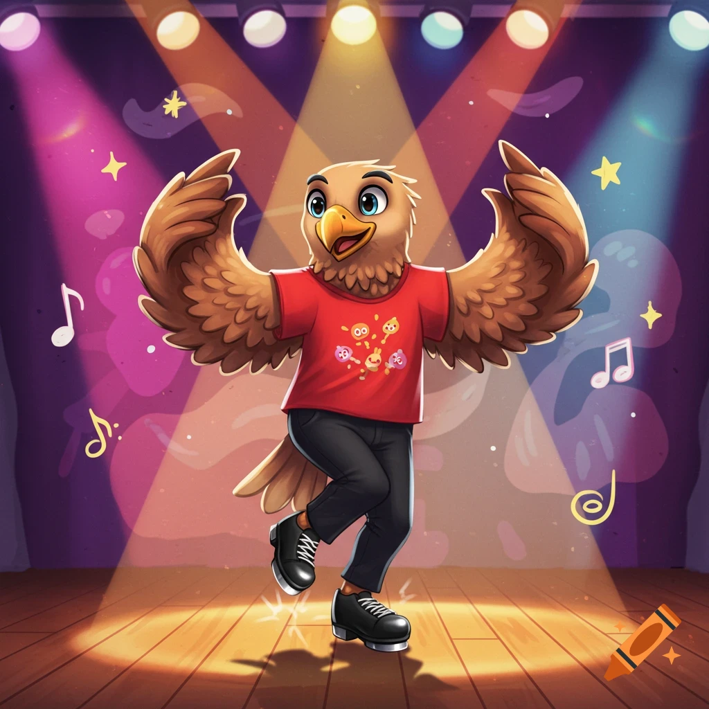 A friendly cartoon anthropomorphic eagle in a red t-shirt, black pants, and tap shoes dances on a spotlighted wooden stage.