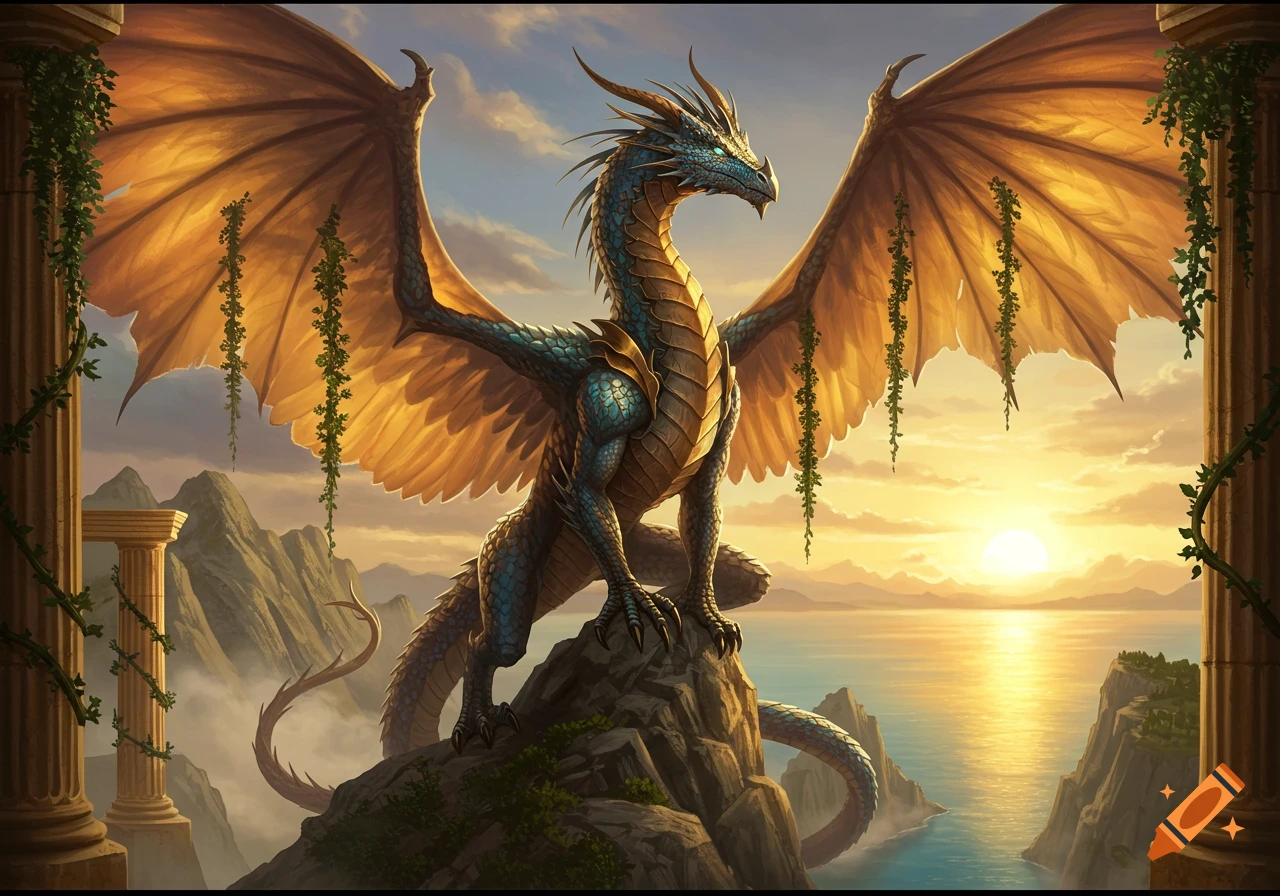 A blue and gold dragon with outstretched wings perches on a cliff overlooking a sunset sea, flanked by ancient columns.