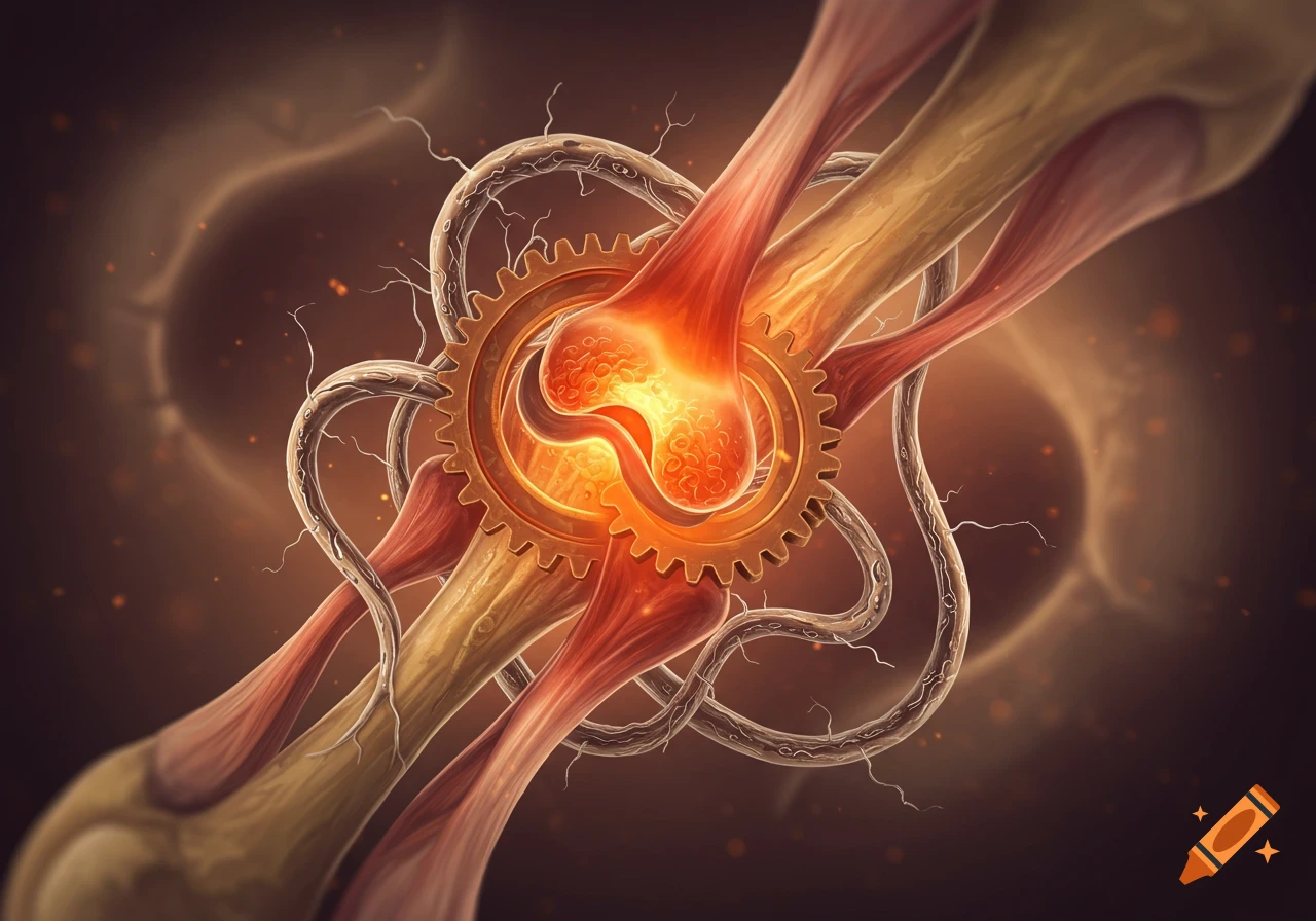 A stylized glowing human joint with bone and muscle structures, encircled by a golden gear, set against a dark, warm background.
