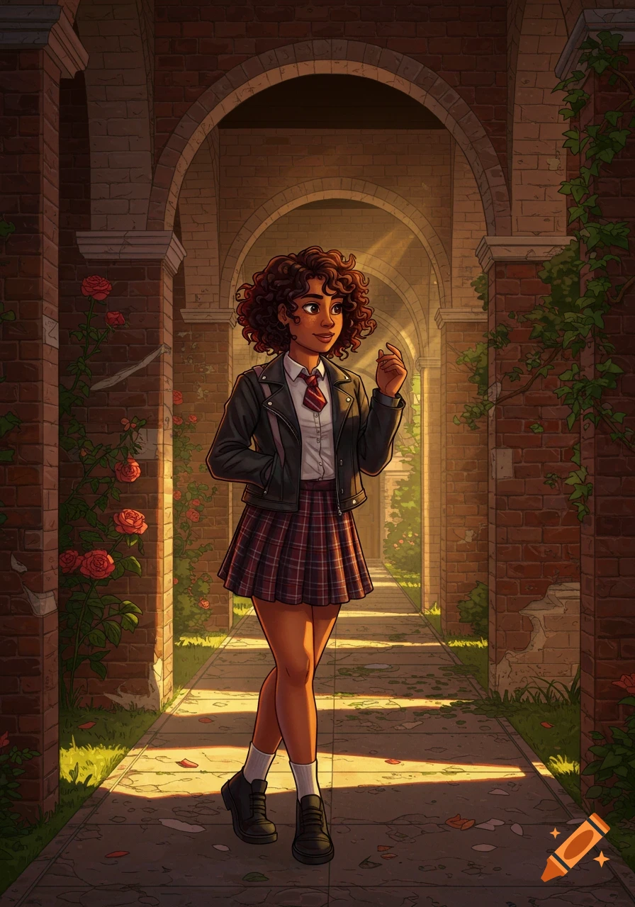 An illustration of a curly-haired young woman in a school uniform and leather jacket standing in a sunlit brick archway with roses.