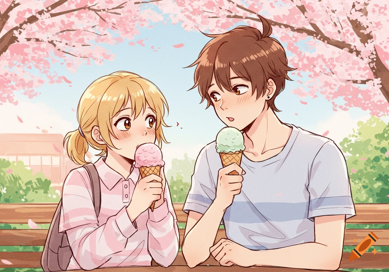 Anime couple eating ice cream under cherry blossom trees on a sunny spring day.