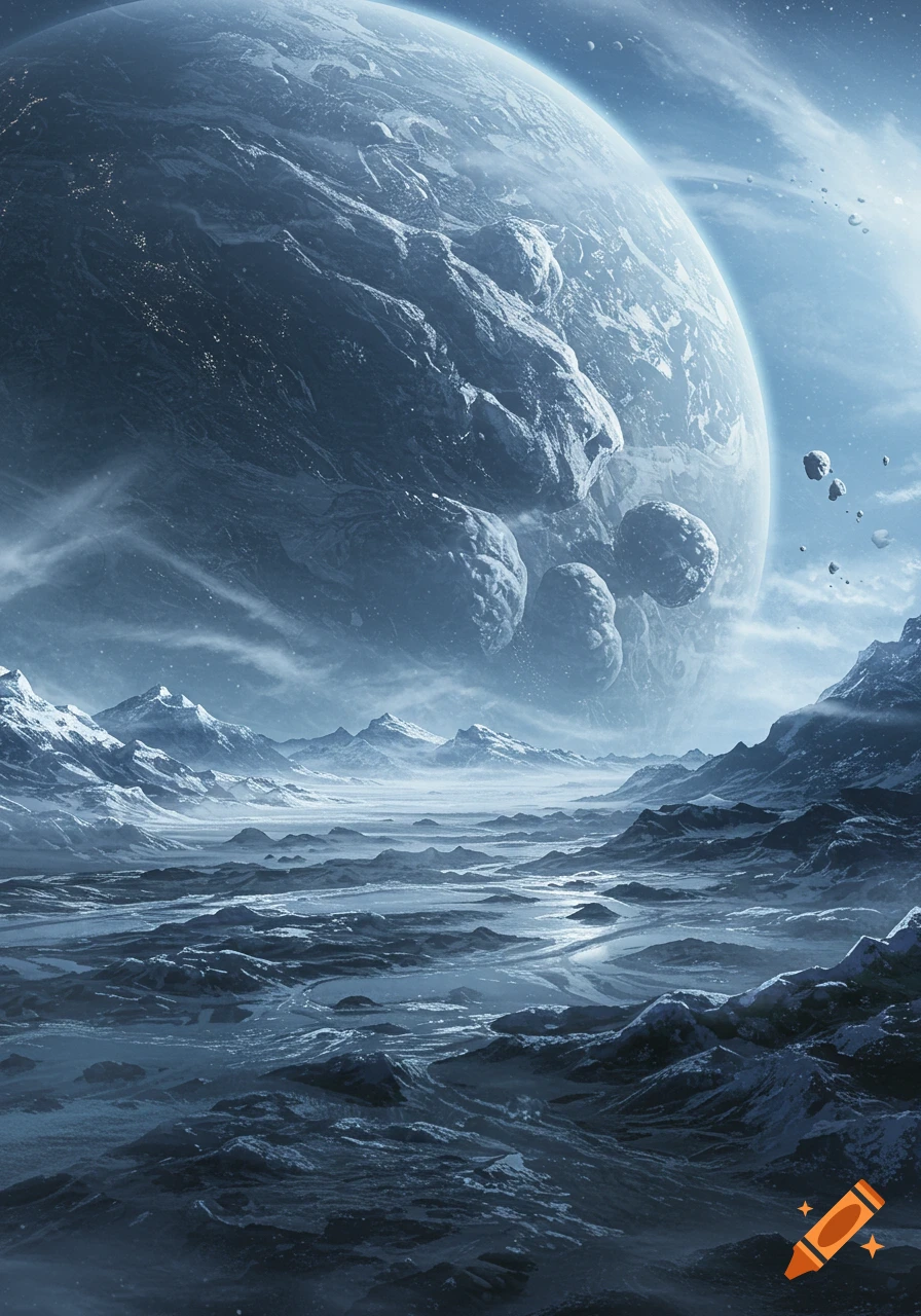 A huge, icy, cratered planet looms over a desolate, snowy mountain landscape with asteroids in the foreground, in a sci-fi art style.