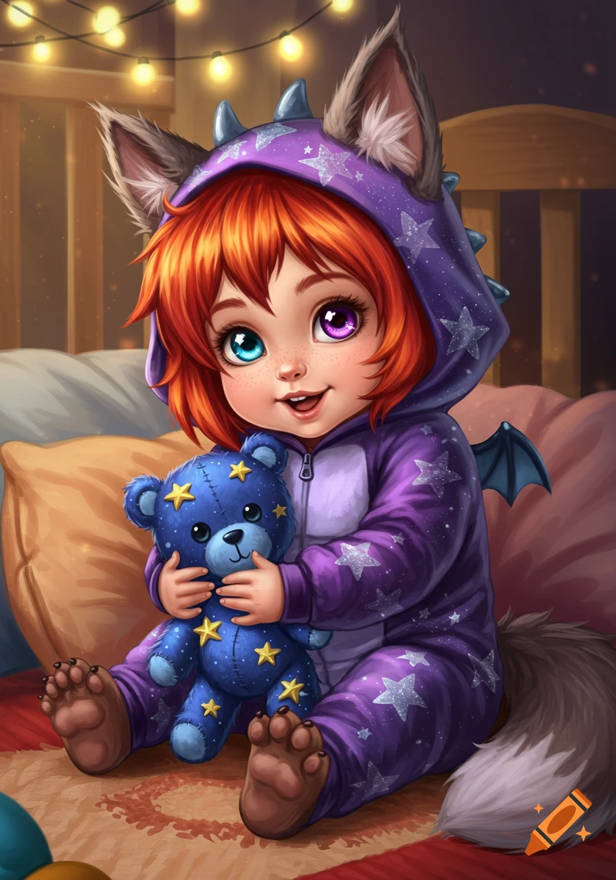 A cute red-haired toddler with heterochromia in a purple wolf-dragon onesie holds a blue teddy bear with yellow stars. Stylized digital art.