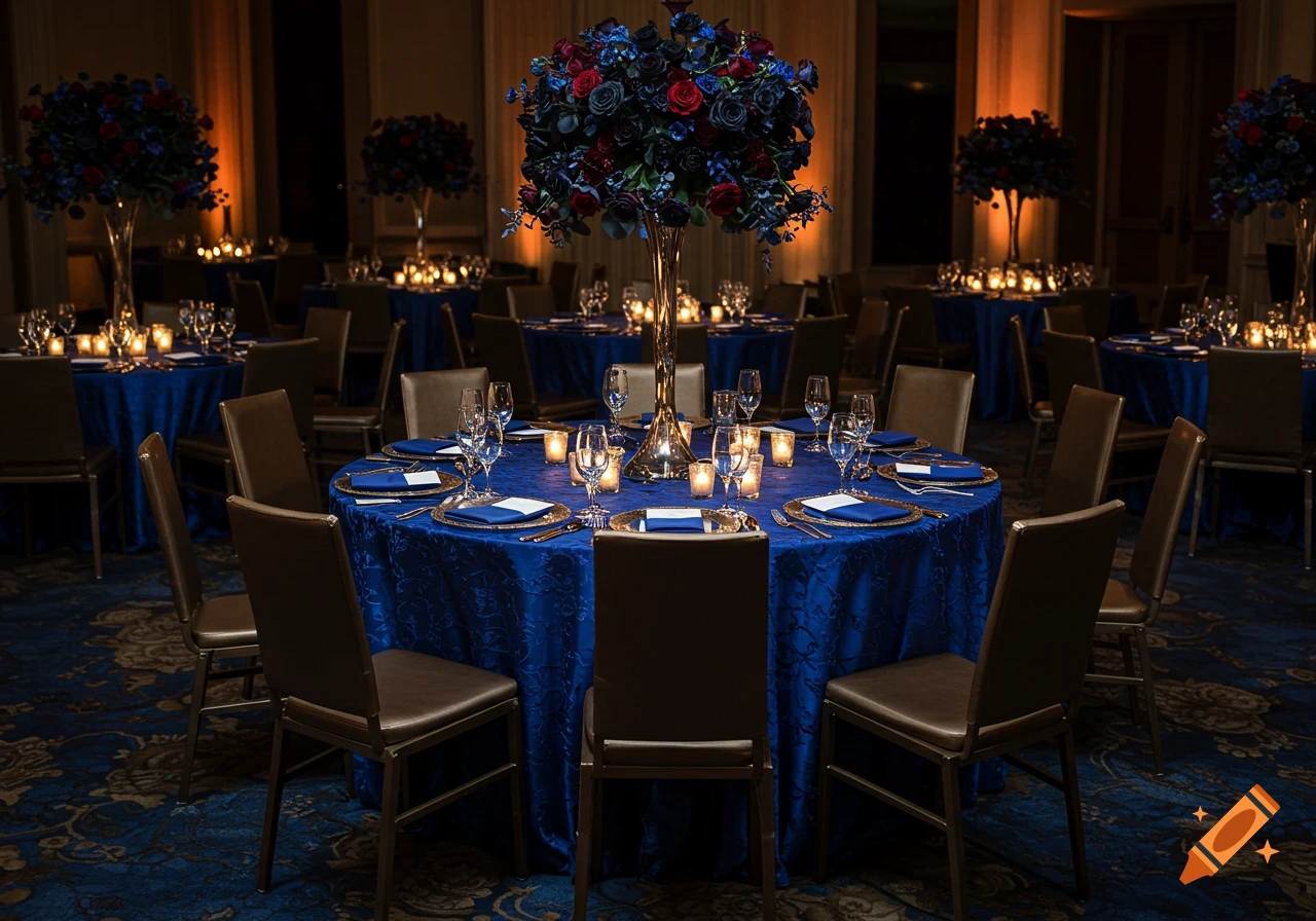 Photorealistic image of an elegant formal dining room. Round tables with royal blue and gold linens, candles, and tall floral centerpieces.