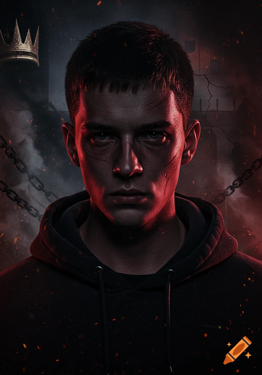 A realistic, gritty portrait of a young man with short hair, intense eyes, and scars, wearing a dark hoodie, with a cracked crown and chains in a smoky, red-lit background.