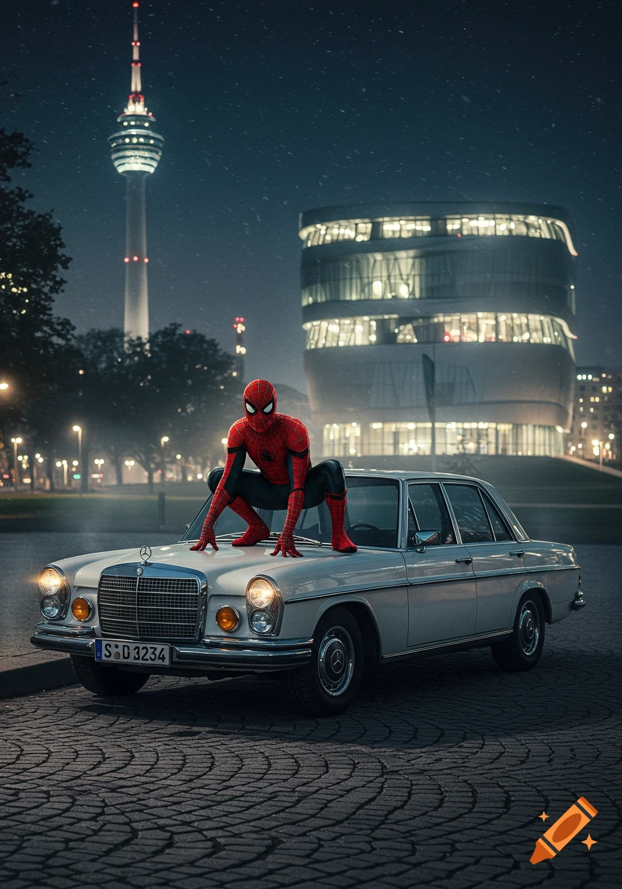 Spider-Man crouches on a white vintage Mercedes car on a cobblestone street at night, with a brightly lit tower and modern building in the background.