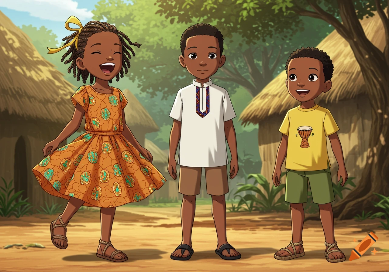 Cartoon of three happy African children in traditional clothing standing in a village with thatched huts and trees.