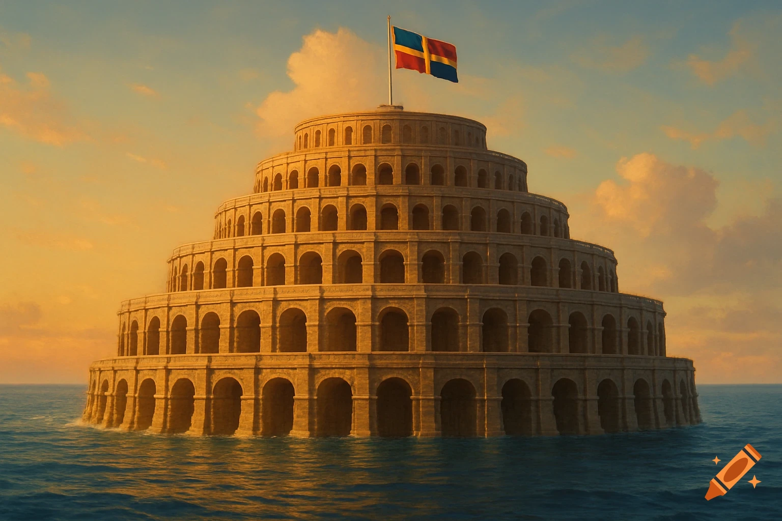 A grand circular tiered building resembling an ancient fort and the Colosseum stands in the ocean, topped with a colorful flag.