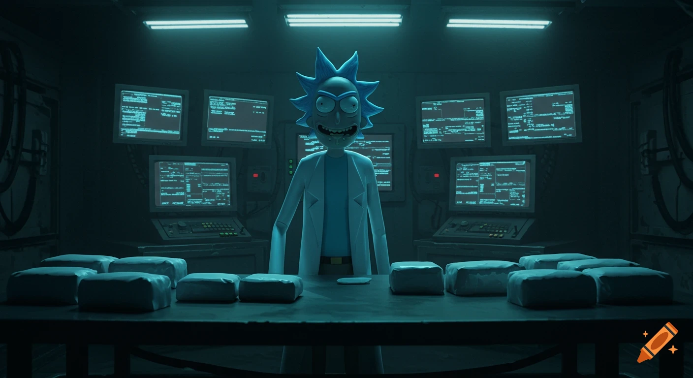 Cartoon-realistic Rick Sanchez, as a criminal boss, grins in a dark, neon-lit lab with monitors displaying garbled text and white packets on a table.