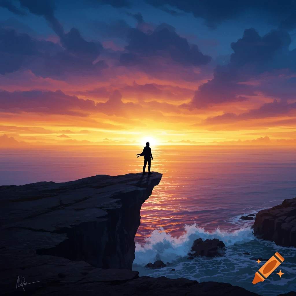 Silhouette of a person standing on a cliff overlooking a vast ocean at a vibrant sunset, digital art.