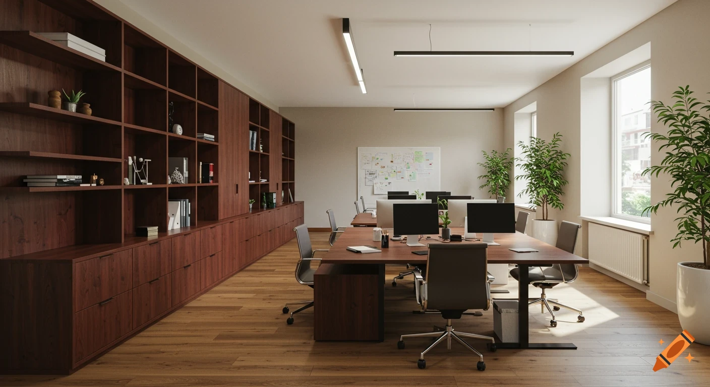 A modern, warm, and elegant office interior with dark wood shelves and cabinets, multiple desks with computers, large windows, and potted plants.