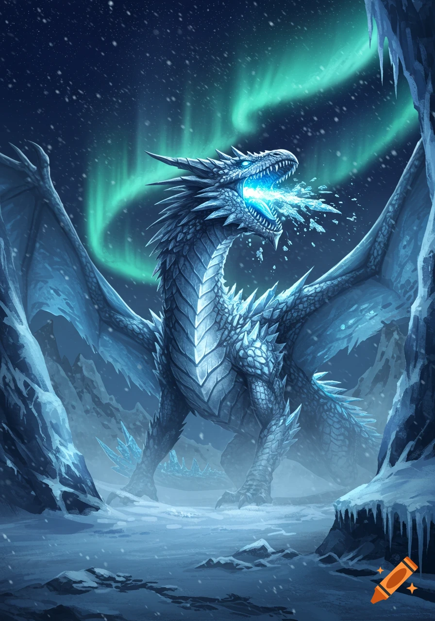 A majestic ice dragon with glowing blue eyes breathes ice amidst falling snow and green aurora in a snowy mountain pass, fantasy art.