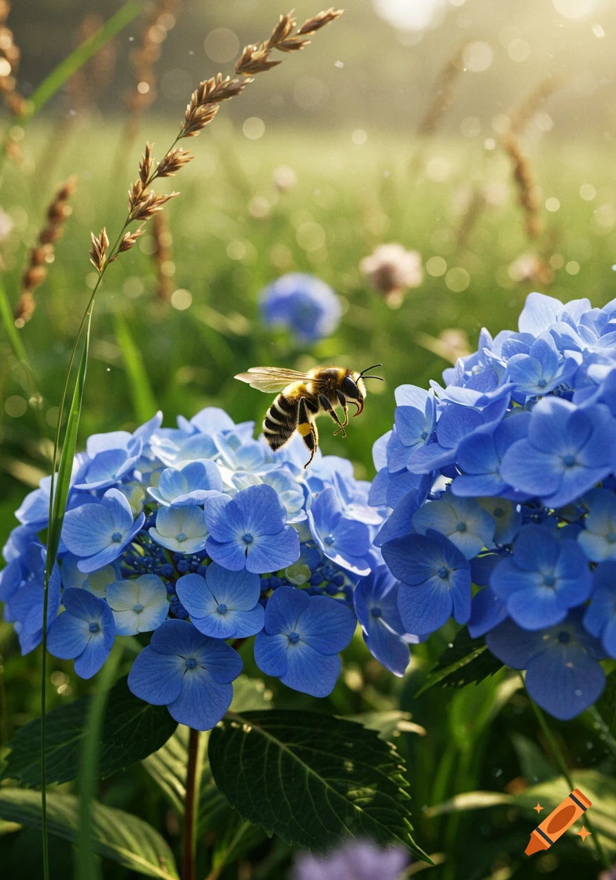 A bee with yellow pollen sacs hovers above vibrant blue hydrangea flowers in a sunny meadow.