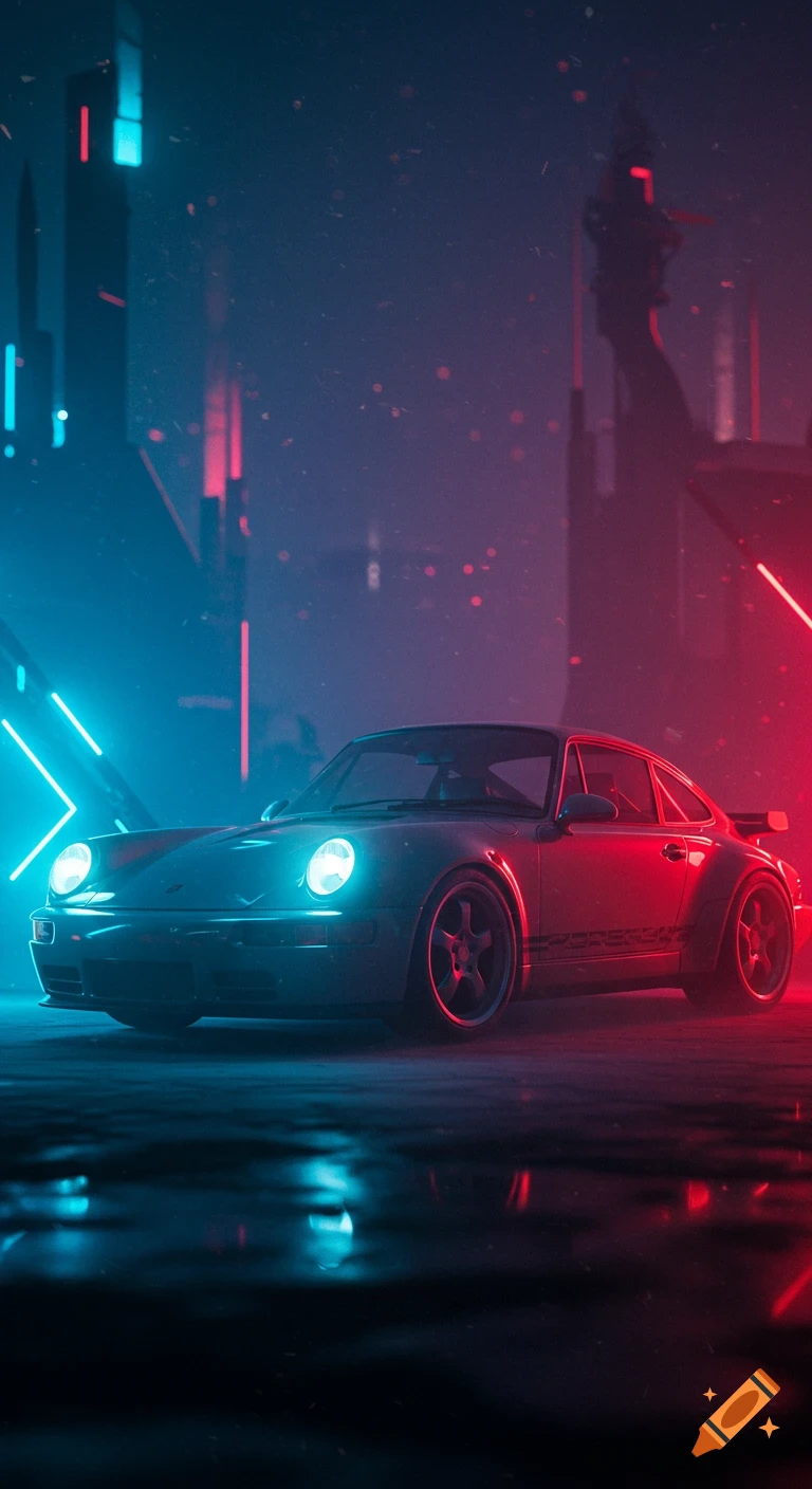 A cyberpunk Porsche 964 glows with neon blue and red lights on a wet street in a dark city.