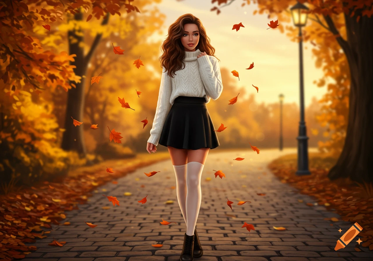 A young woman in a white sweater, black mini-skirt, and white thigh-highs walks on an autumn park path with falling orange leaves.