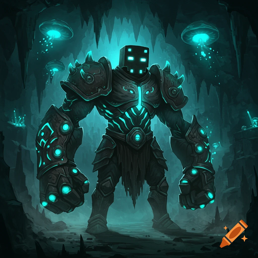 A massive, glowing blue and dark armored creature with a blocky head and glowing eyes stands in a dark cave with glowing mushrooms and jellyfish.