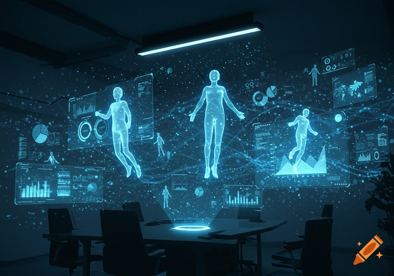 Holographic human figures and data visualizations float in a dark, futuristic meeting room with a table and chairs.