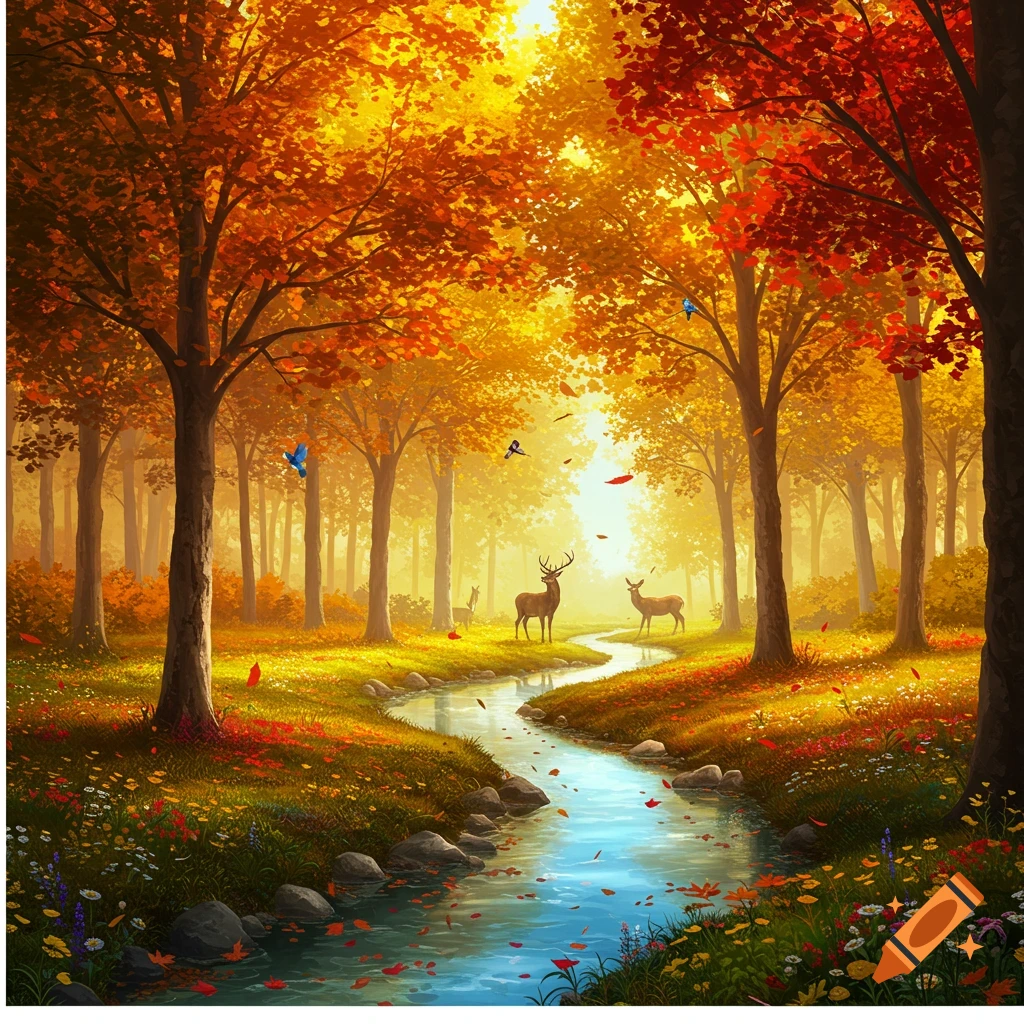 Vibrant stylized autumn forest with a stream, deer, and glowing golden and red leaves in bright sunlight.