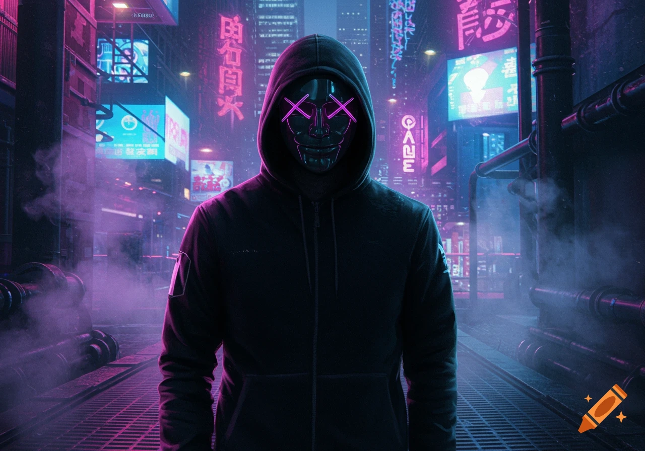 A person in a dark hoodie and a black mask with glowing pink X-eyes stands in a neon-lit cyberpunk city street with purple fog.