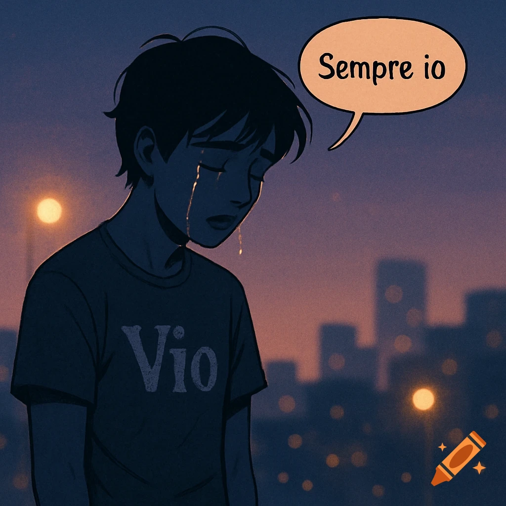 Anime drawing of a sad person crying, 'Sempre io' in a speech bubble, and 'Vio' on their shirt, against a dusky city skyline.