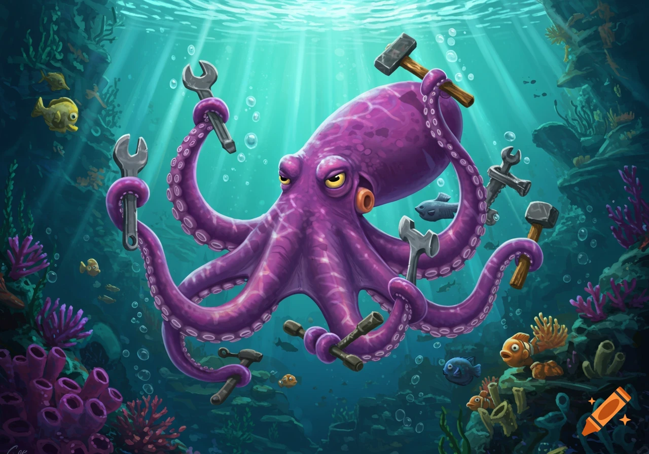 A vibrant purple cartoon octopus holds wrenches and hammers among colorful coral and fish in a bubbly underwater scene.