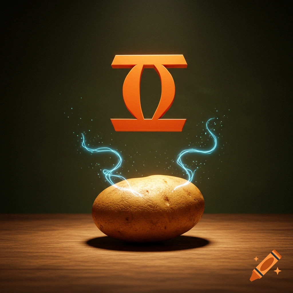 A potato on a wooden table with an orange geometric symbol floating above it, connected by blue electric arcs.