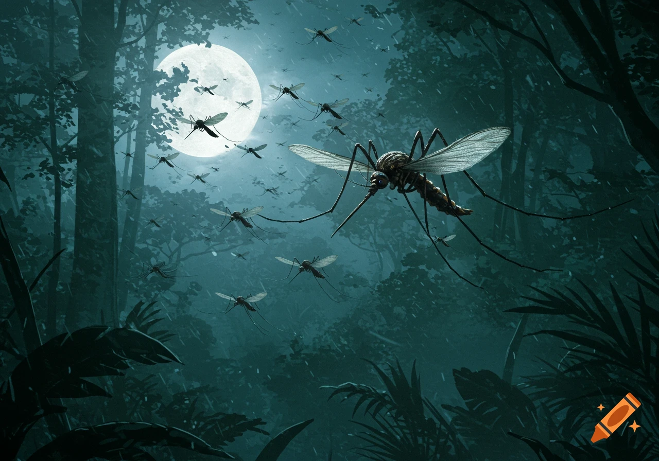 A swarm of mosquitoes flies through a dark, rainy forest at night, illuminated by a large full moon. The main mosquito in the foreground is large and detailed.