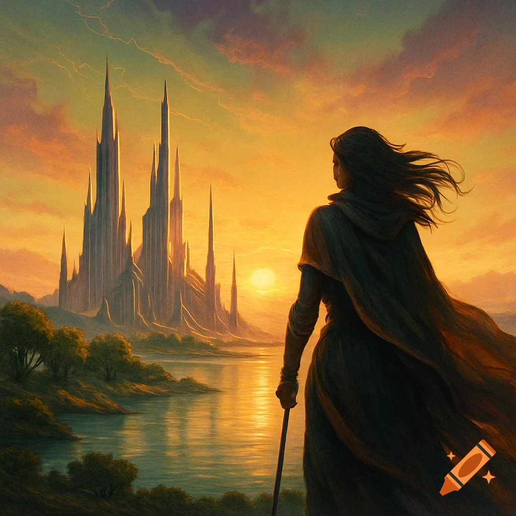 A cloaked figure stands by a calm lake, looking at a fantastical castle with spires under a vibrant golden sunrise.