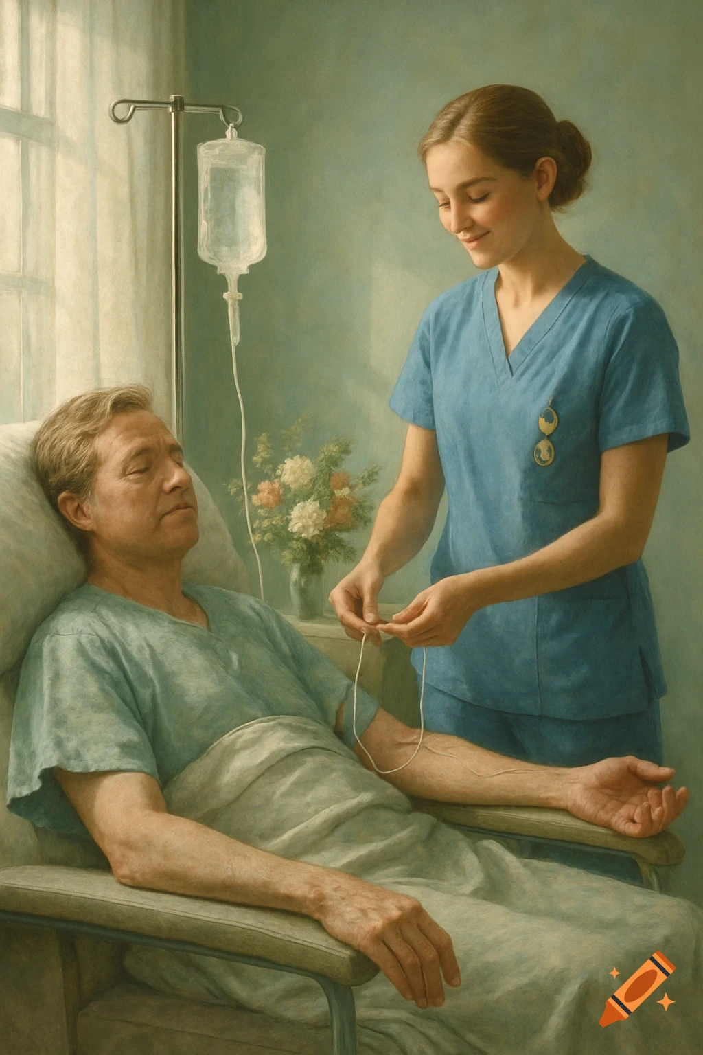 A painting of a nurse in blue scrubs attending to a patient receiving an IV drip in a hospital room.