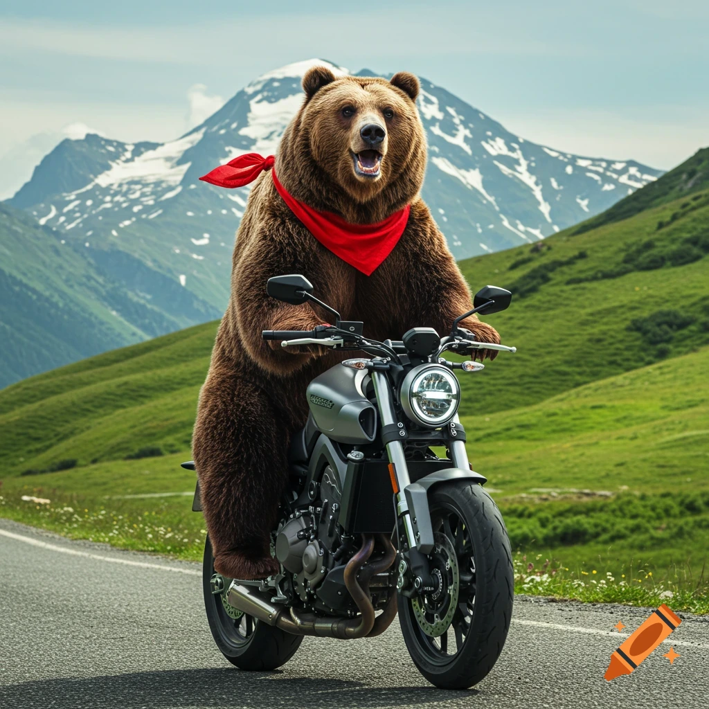 A photorealistic brown bear wearing a red bandana rides a gray motorcycle on a mountain road with snow-capped peaks.