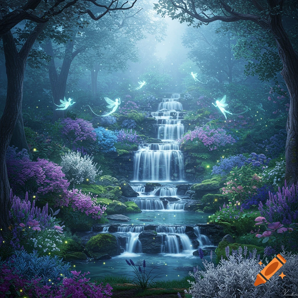 A magical enchanted forest with tiered waterfalls, glowing fairies, and abundant purple and blue flowers amidst a misty atmosphere.