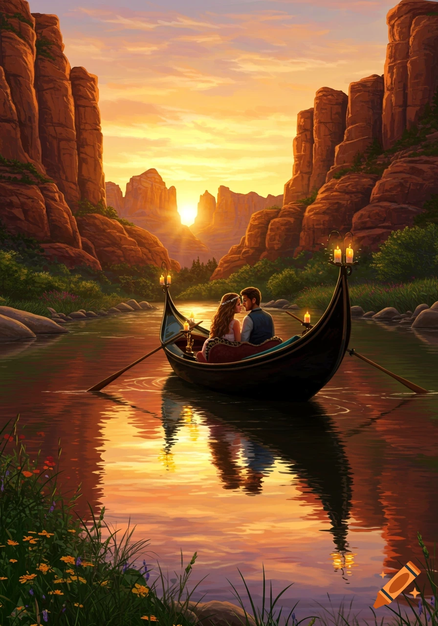 An illustrated scene of a romantic couple in a gondola on a river, surrounded by canyons during a vibrant sunset.