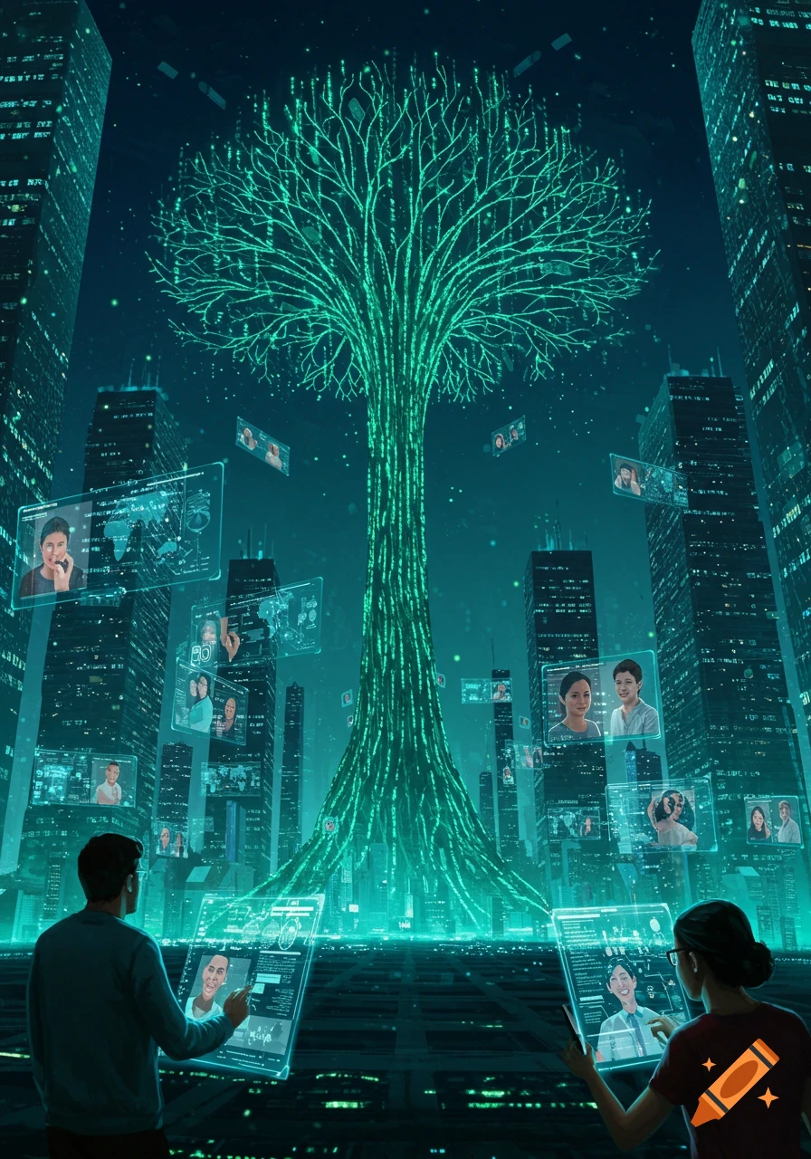 A vibrant digital art scene depicting a futuristic cityscape at night with a glowing data tree at its center, surrounded by skyscrapers and people interacting with holographic screens showing video calls and data streams.