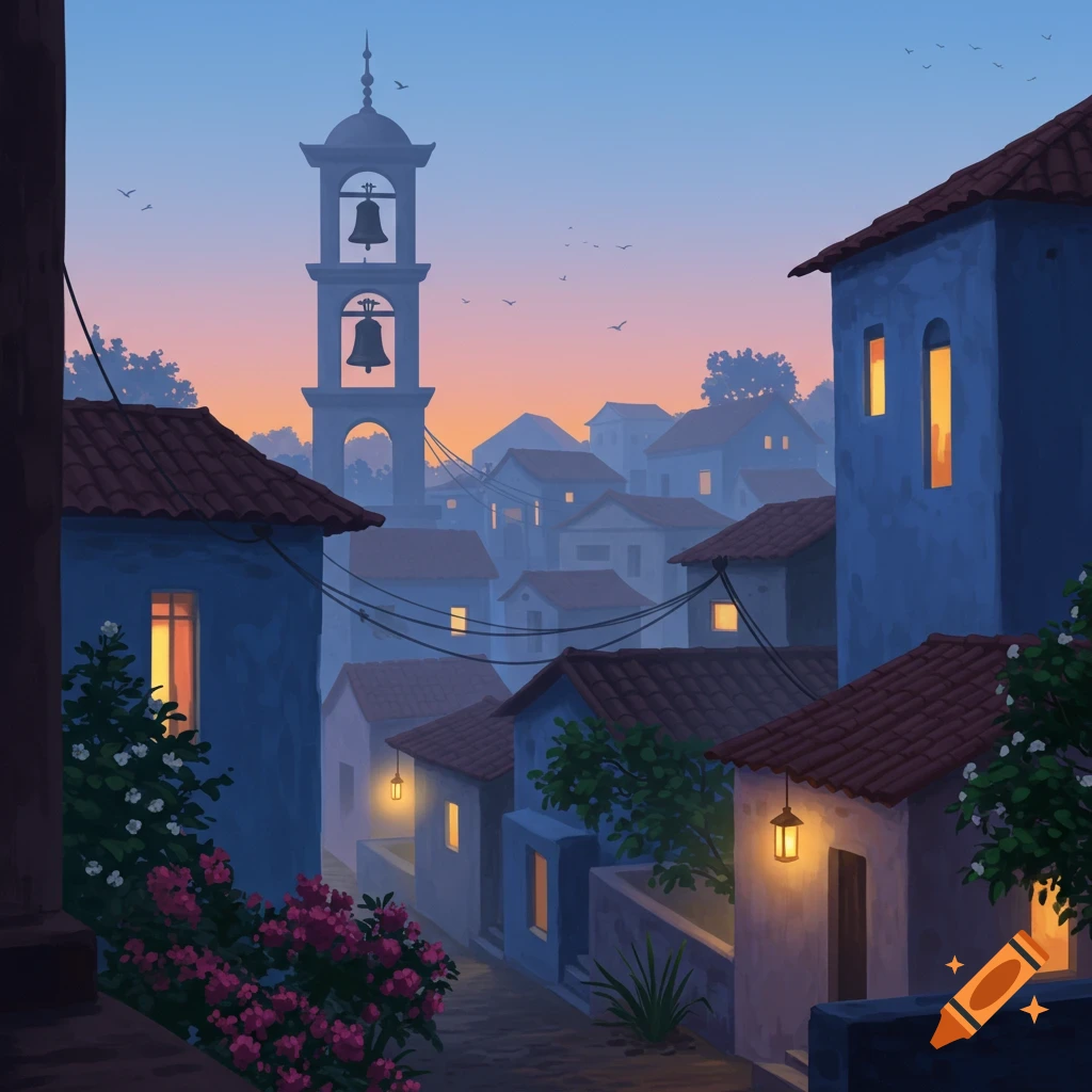 An atmospheric illustration of a village with blue houses, a prominent bell tower, and blooming flowers at dawn or dusk.