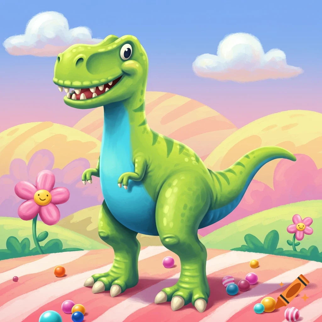 A smiling green cartoon Tyrannosaurus stands in a colorful, whimsical landscape with striped ground, hills, flowers, and scattered candies.