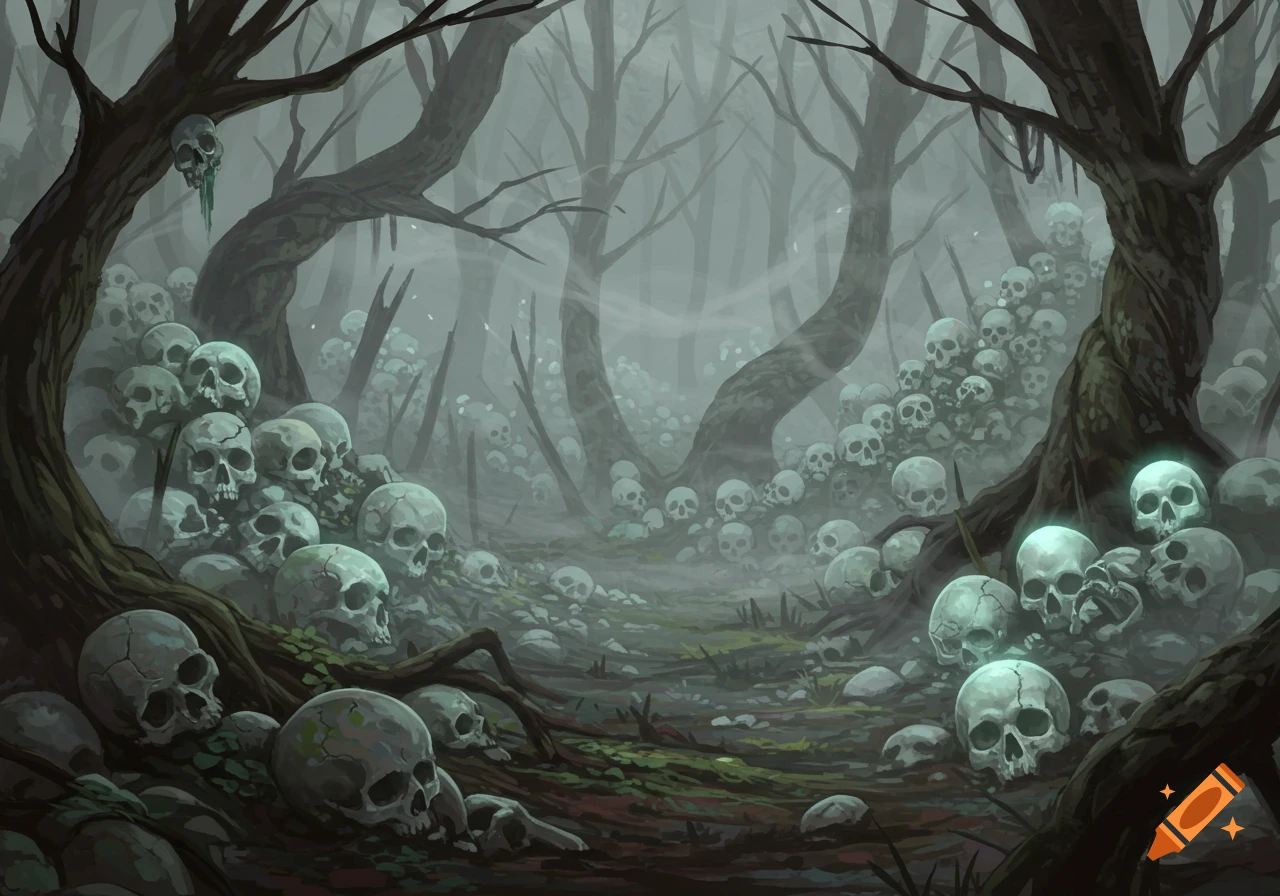 Dark fantasy art of a misty forest floor covered in countless human skulls, some glowing, under gnarled, bare trees.
