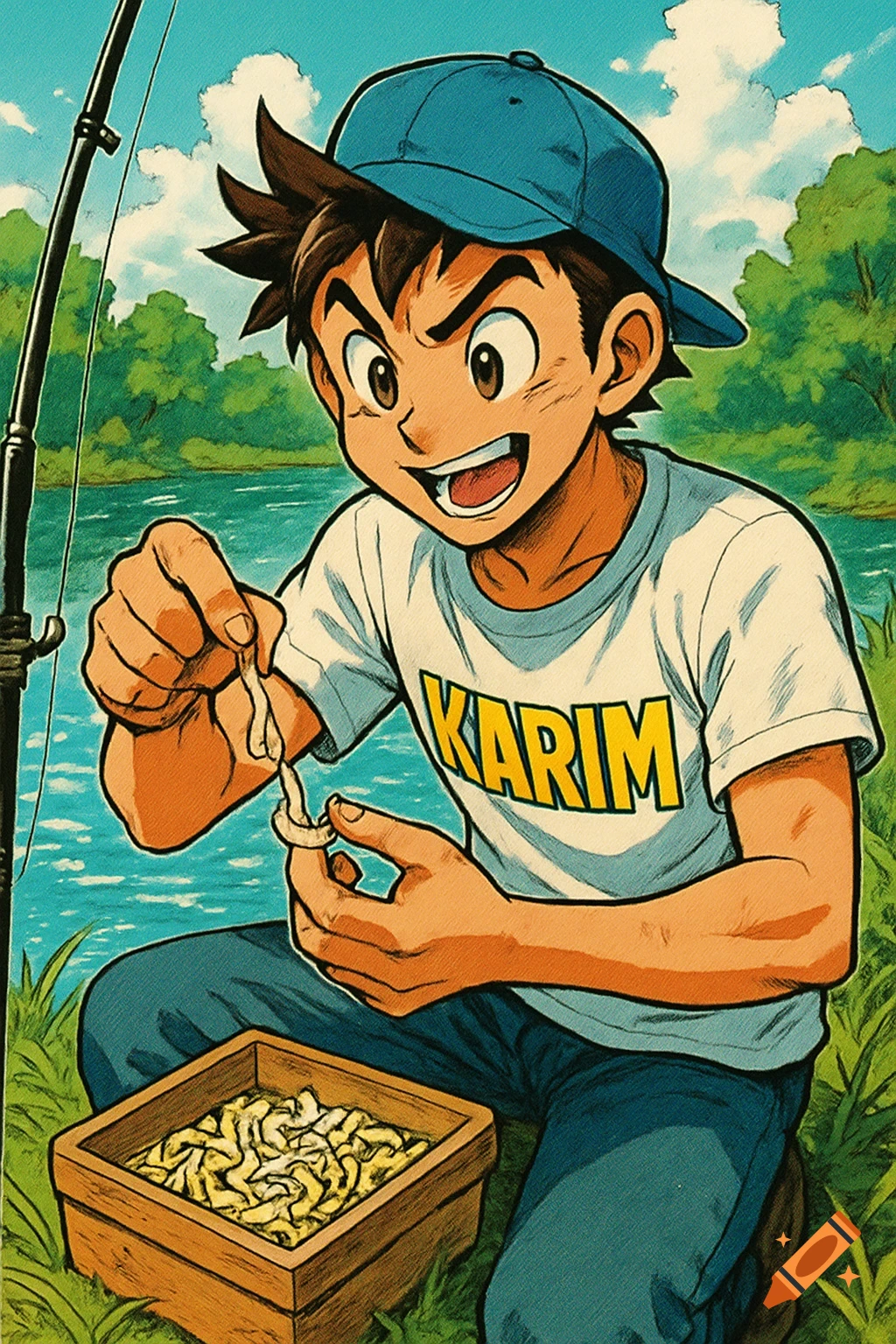 Manga-style boy wearing a blue cap and a 'KARIM' t-shirt, happily baiting a fishing hook by a lake with a worm from a box.