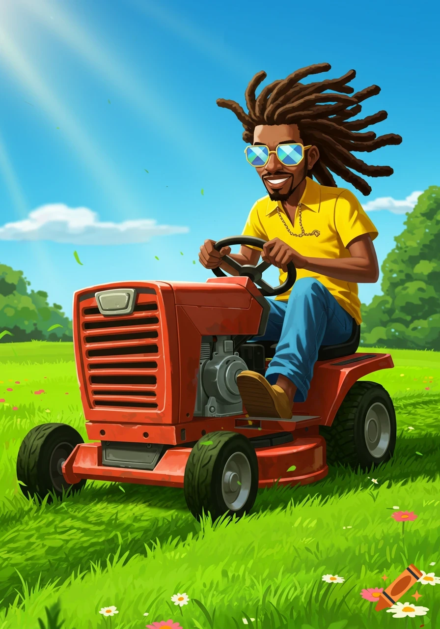 Animated black man with dreadlocks and sunglasses riding a red lawn mower on a sunny green lawn.