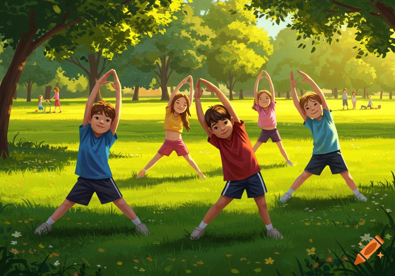 A vibrant illustration of five happy children performing warm-up exercises in a sunny green park with trees.