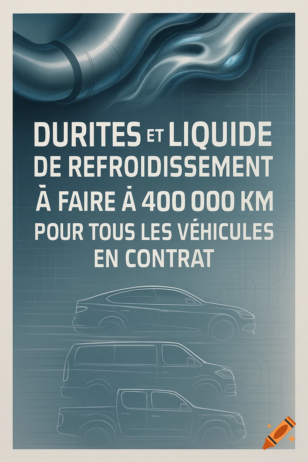 A poster with text in French about cooling system maintenance for vehicles, featuring outlines of a sedan, a van, and a pickup truck.