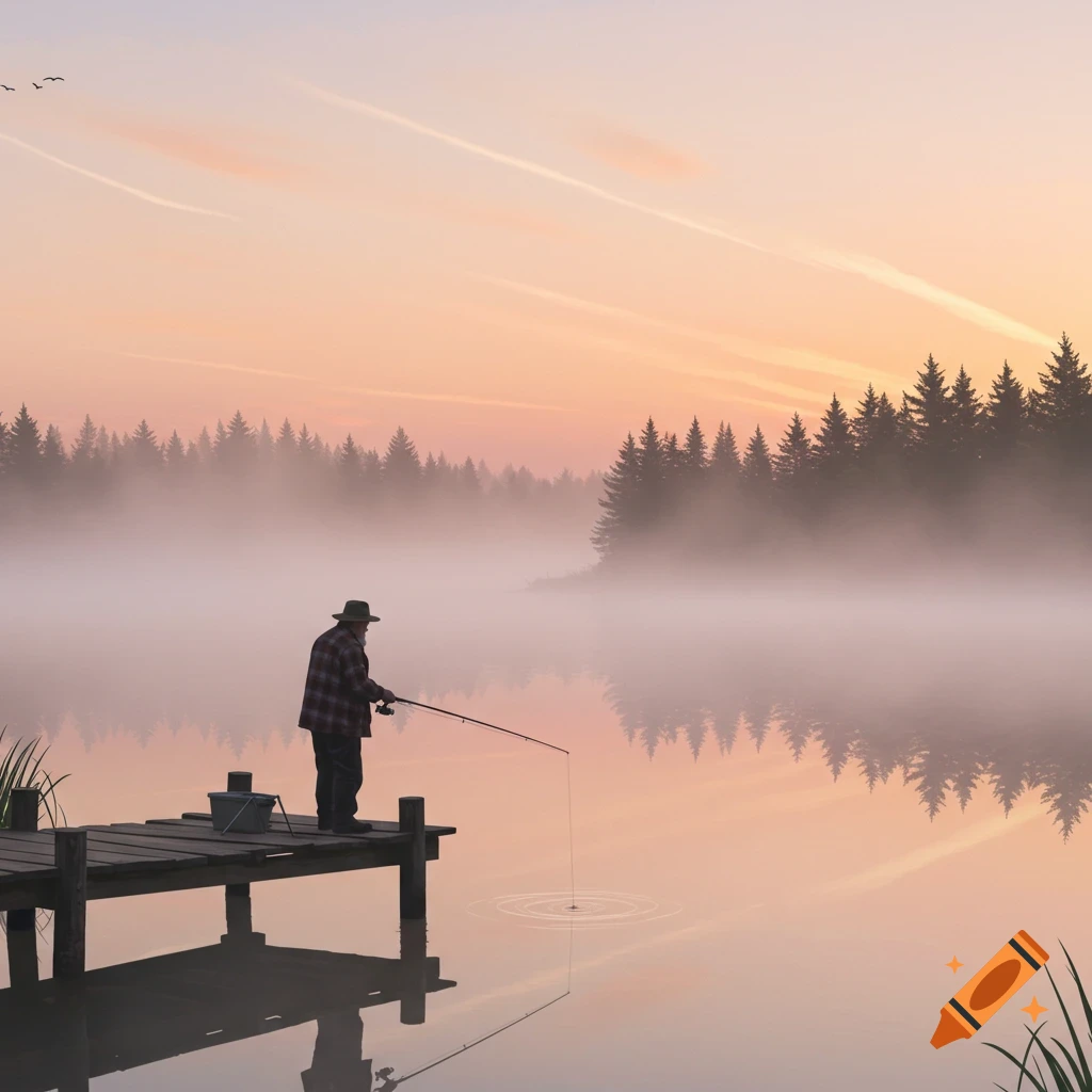 A lone fisherman on a wooden dock casts his line into a misty lake at sunrise, surrounded by pine forests.