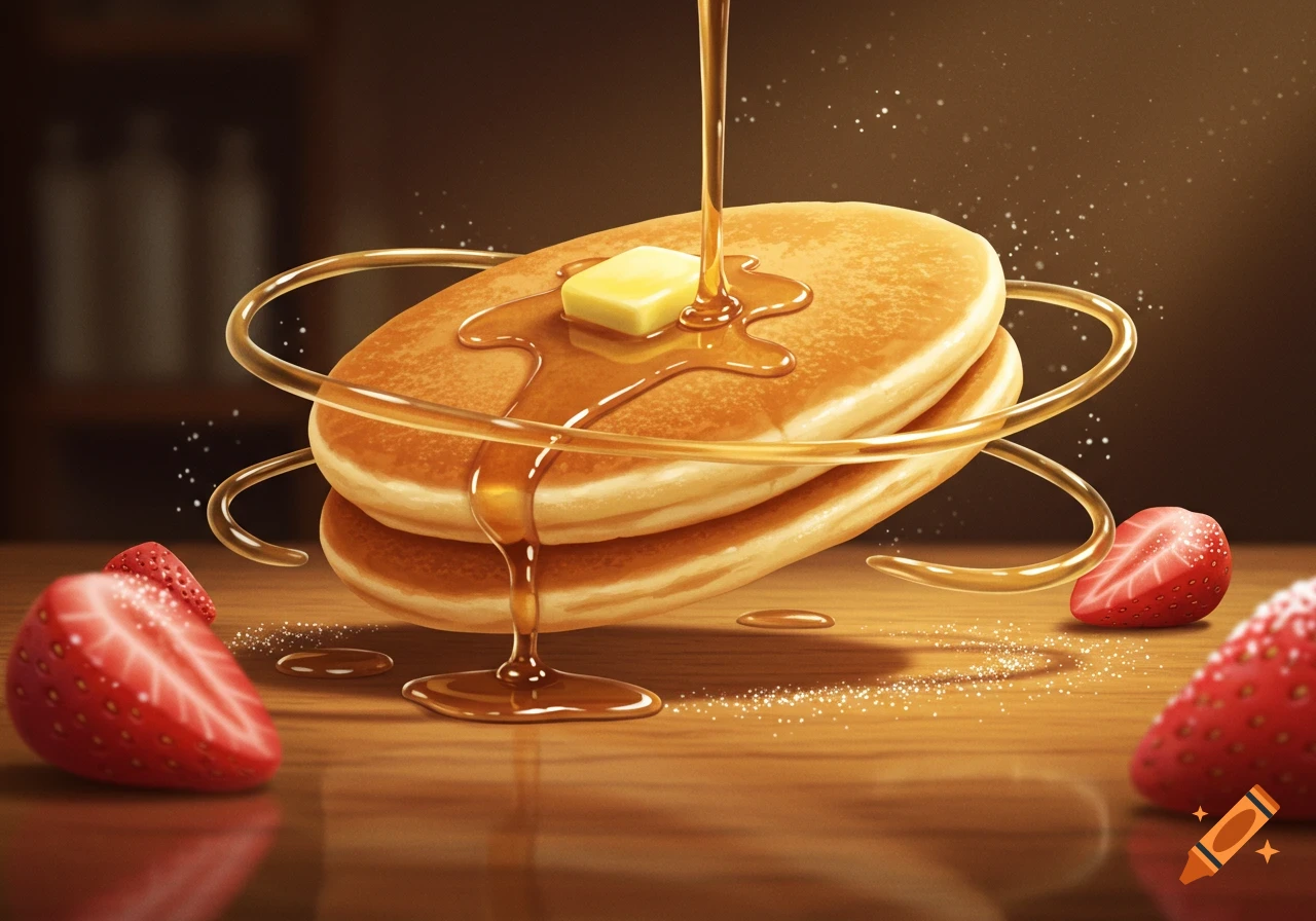 Two stacked pancakes topped with a pat of butter, with syrup pouring over them. Golden swirling lines surround the pancakes, and sliced strawberries rest on a wooden table.