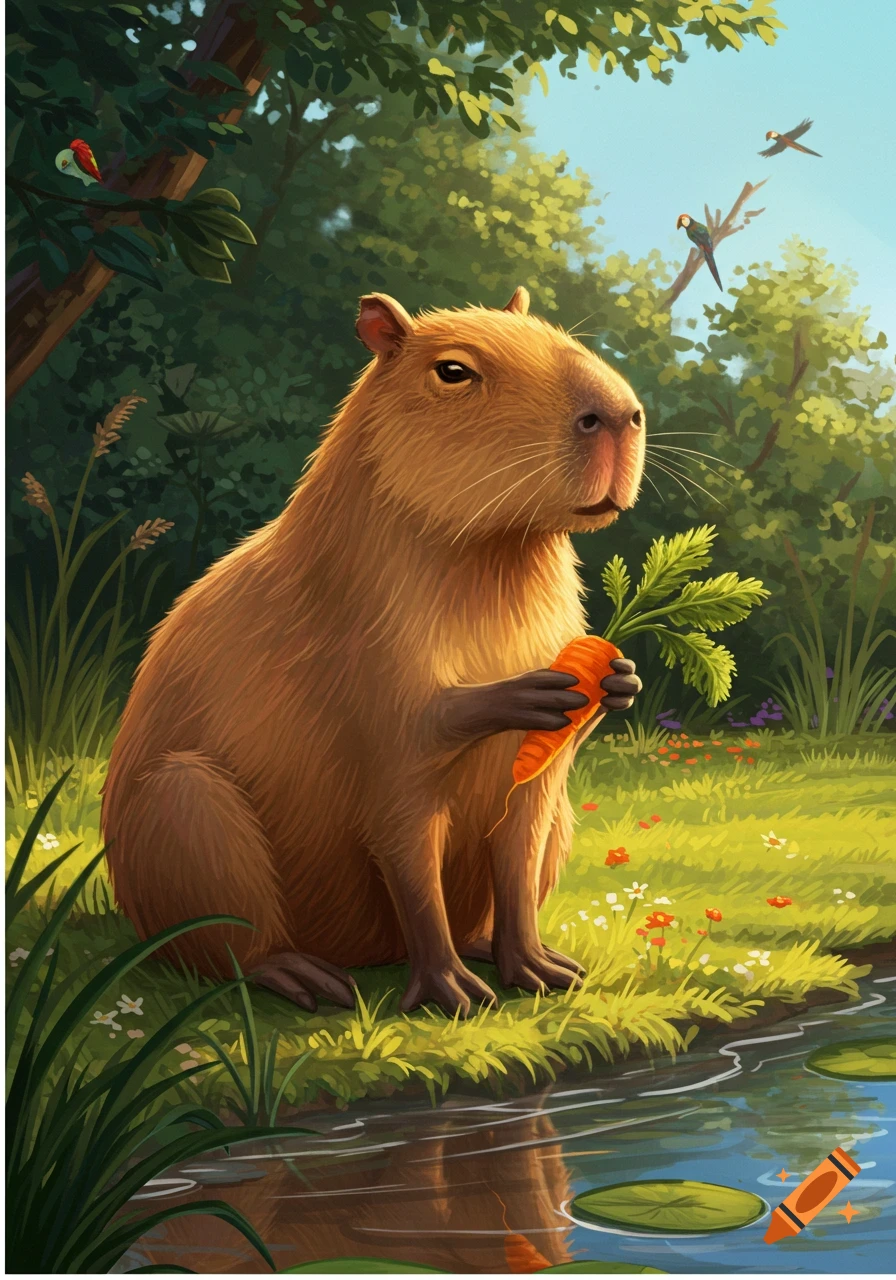 A friendly capybara sits by a stream, holding a carrot with green leaves, in a vibrant forest illustration.