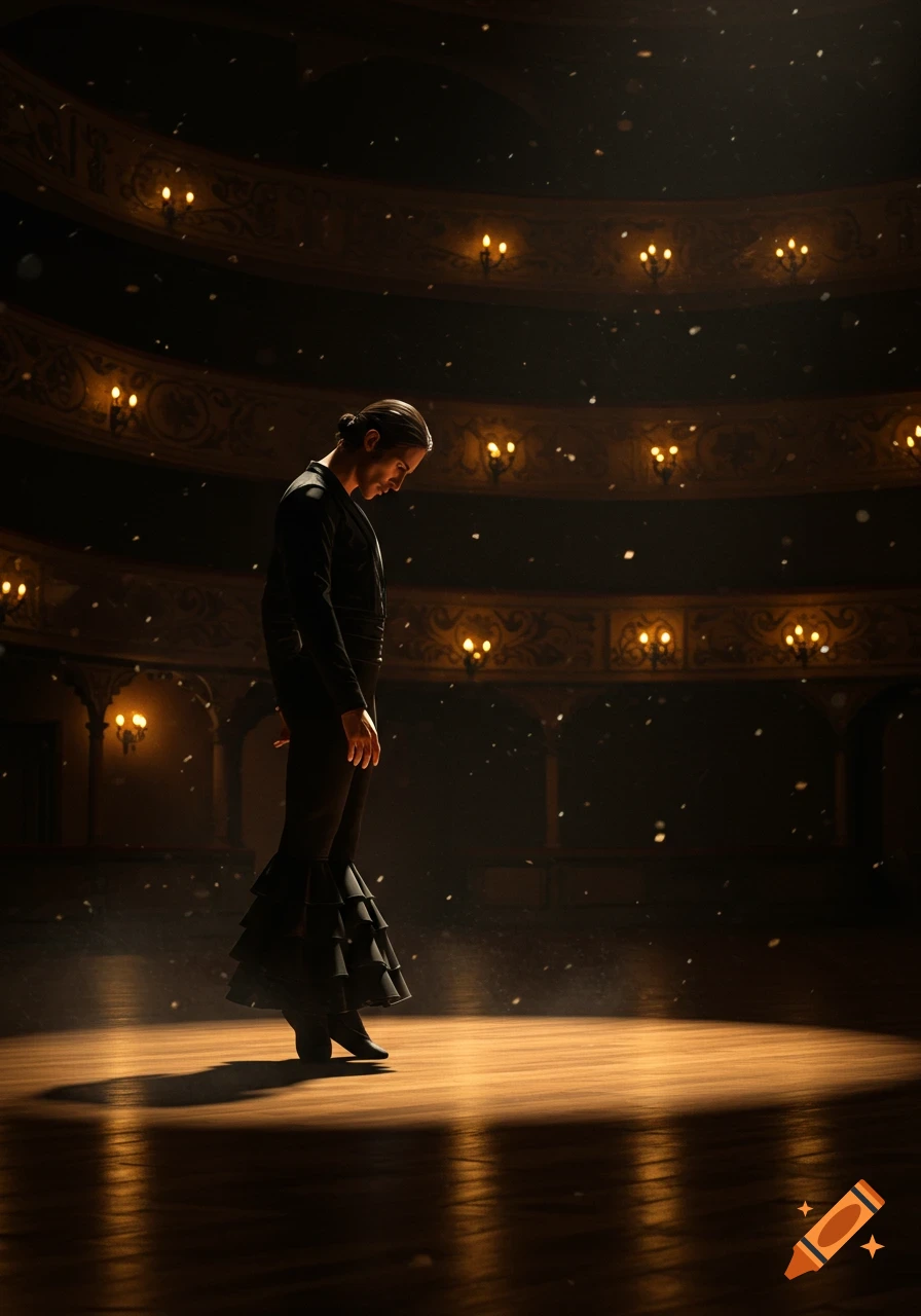 A sad male dancer in dark attire with ruffled pants stands on a spotlighted stage in a dimly lit theater.
