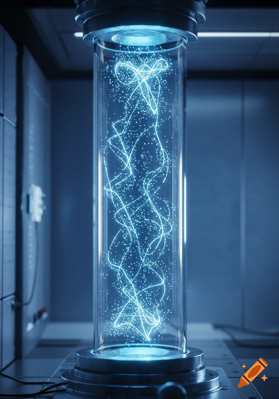 A tall glass cylinder with swirling blue glowing energy and particles inside, set in a dark, futuristic laboratory.